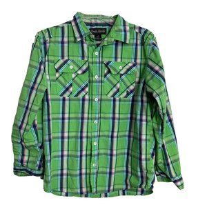 English Laundry Boys Shirt Size 14/16 Long Tab Sleeves Green Plaid Cotton Button